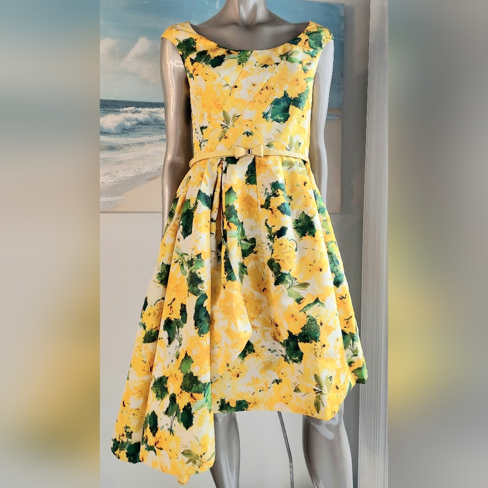 $4,000 OSCAR DE LA RENTA YELLOW FLORAL SASH RUNWAY MIDI DRESS US 6